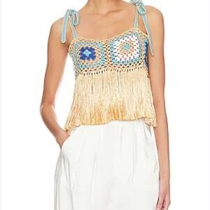 My Beachy Side Crochet Granny Square Fringe Crop Top Blue Gold Boho S